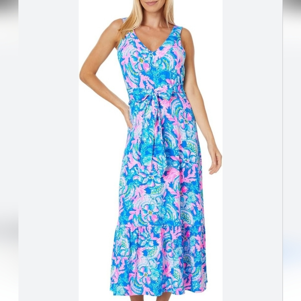 Lilly Pulitzer Madsen Pink and Blue Multicolor Floral Midi Dress Size L